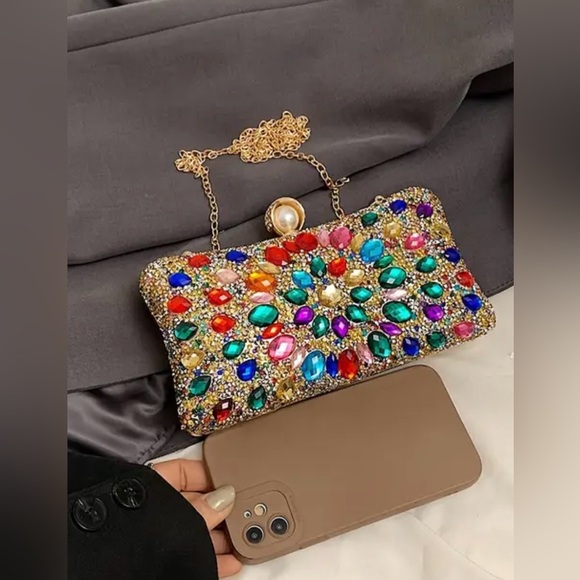 Multicolor Gemstone Luxury Evening Clutch With Chain Shoulder Bag - Picture 4 of 4